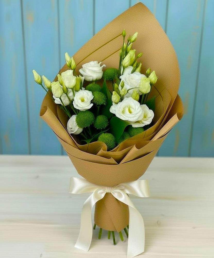 Букет цветов из: Хризантемы и Лизиантусы в Шелковской