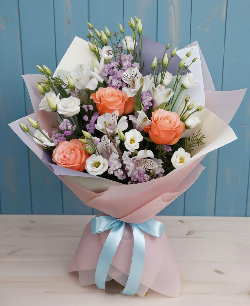 Букет цветов из: Лизиантусы, Розы, Альстромерии и Гипсофила в Шелковской