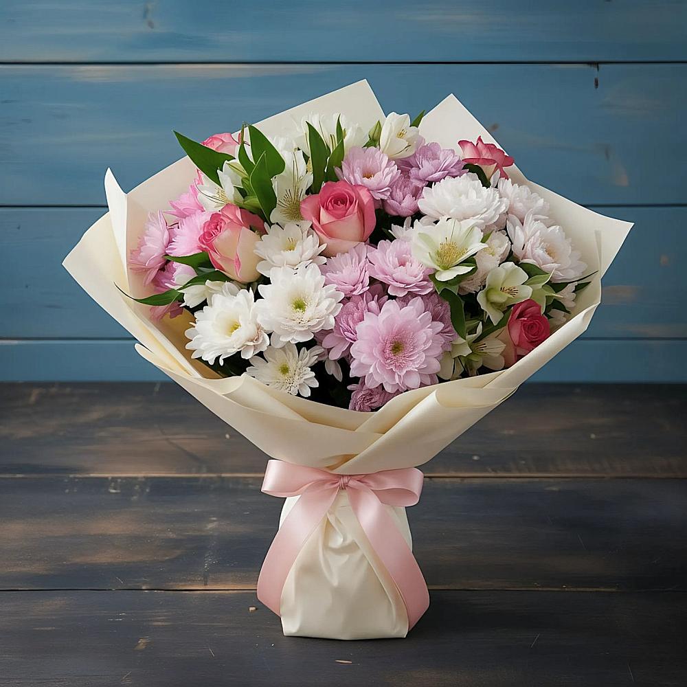 Букет цветов из: Хризантемы, Альстромерии и Розы в Шелковской